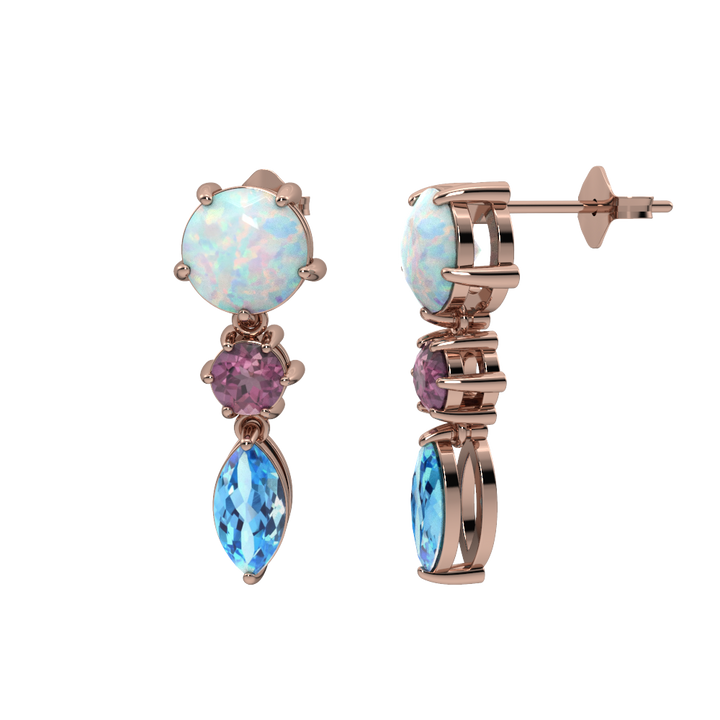 Created Opal, Pink Tourmaline and Blue Topaz Rose Gold Earrings - jewelerize.com