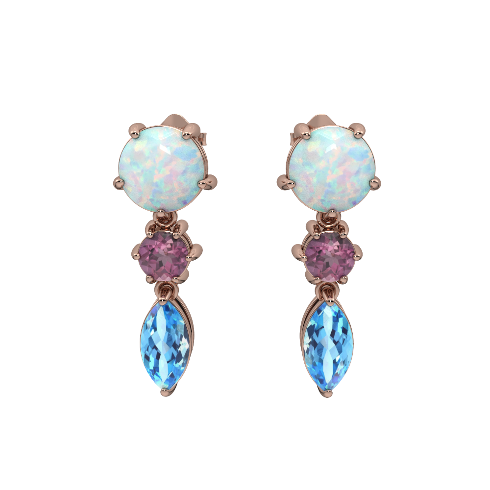 Created Opal, Pink Tourmaline and Blue Topaz Rose Gold Earrings - jewelerize.com