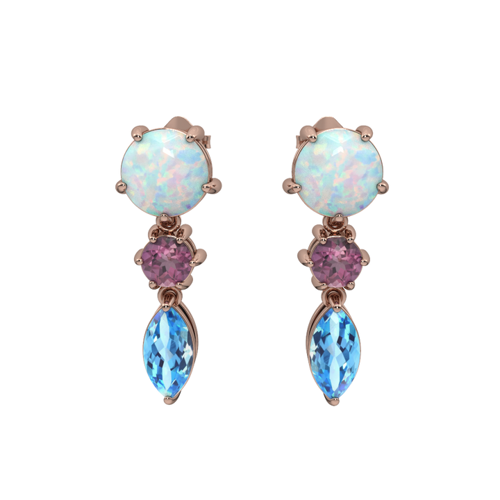 Created Opal, Pink Tourmaline and Blue Topaz Rose Gold Earrings - jewelerize.com